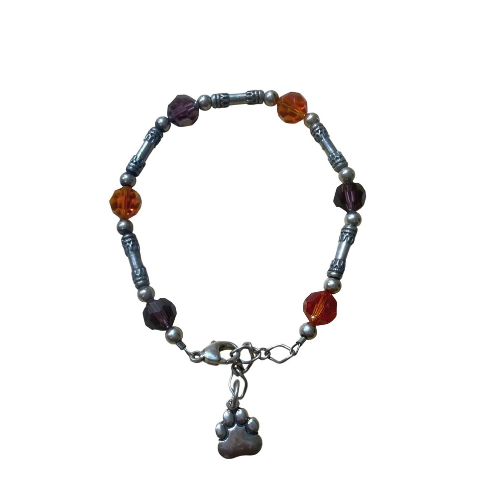 Boho Paw Print Crystal Beaded Silver Tone Bracelet 925 Sterling